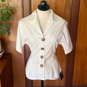 NWT 50s Style Norma Blouse by The House Of Foxy, Ivory White Leopard Buttons